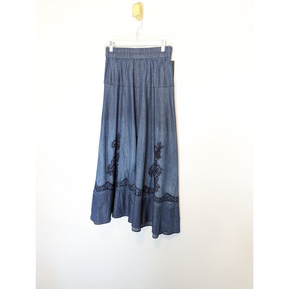 Lapis Maxi Skirt Womens Size S Blue Embroidered Chambray Western Flowy Rodeo New - Picture 3 of 13